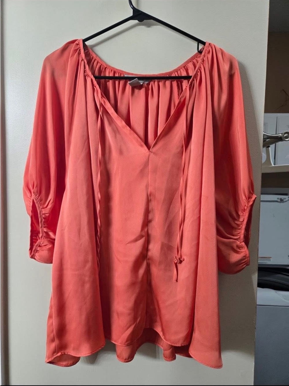Womens Coral Peasant Blouse with V-Neck and Ruched Sleeves